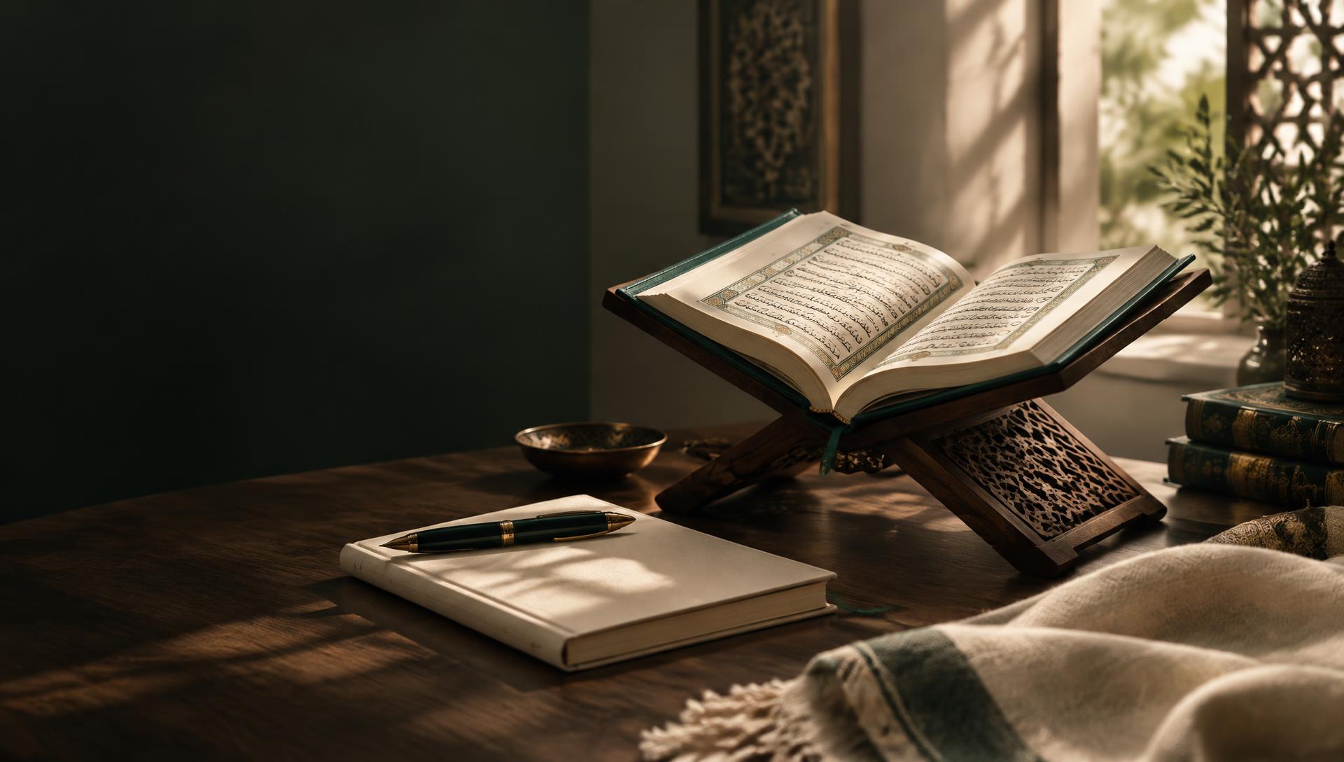 Open Qur’an and study notebook in warm natural light